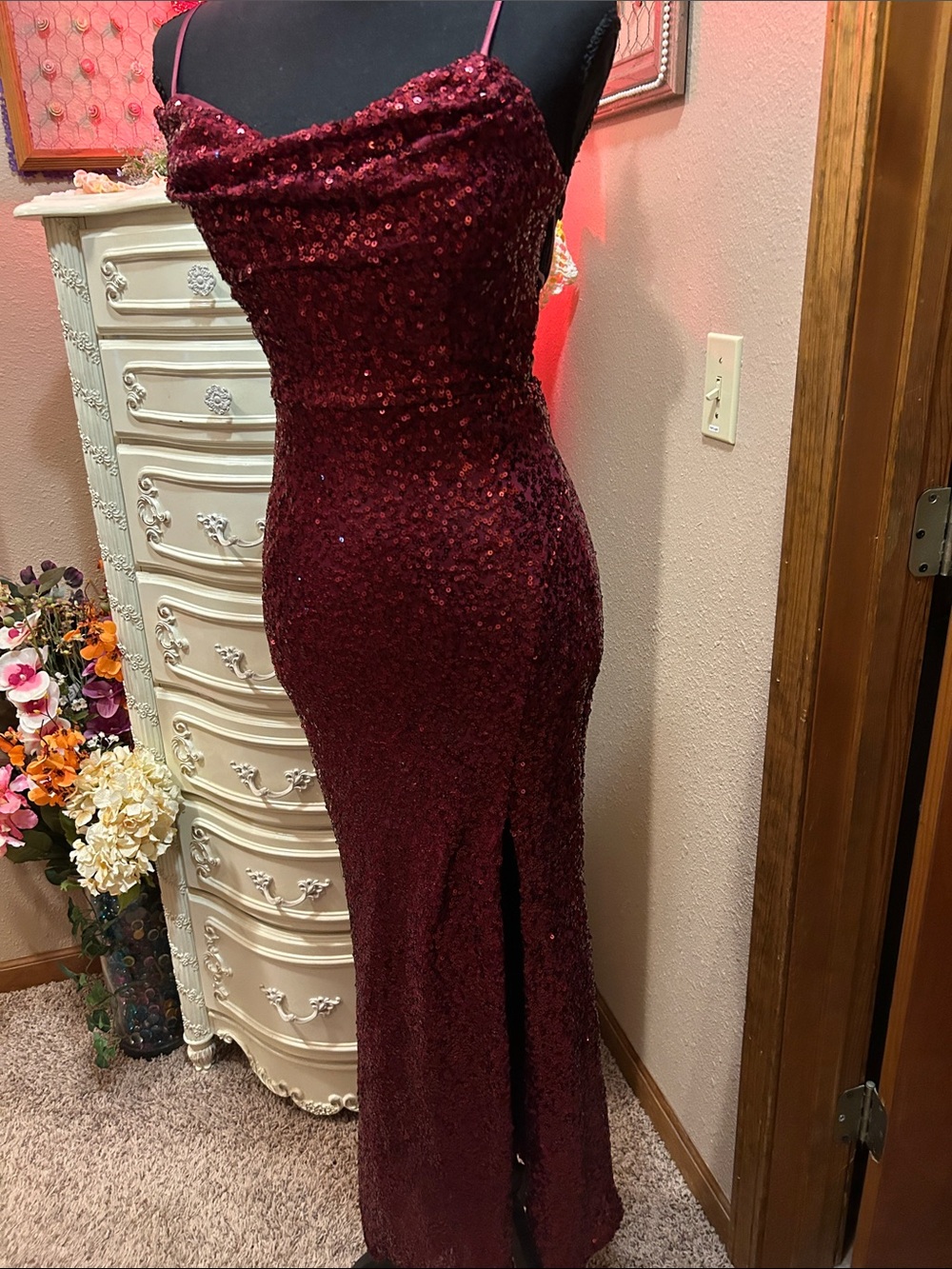 Sequin Cowl Neck Burgundy Prom Dress